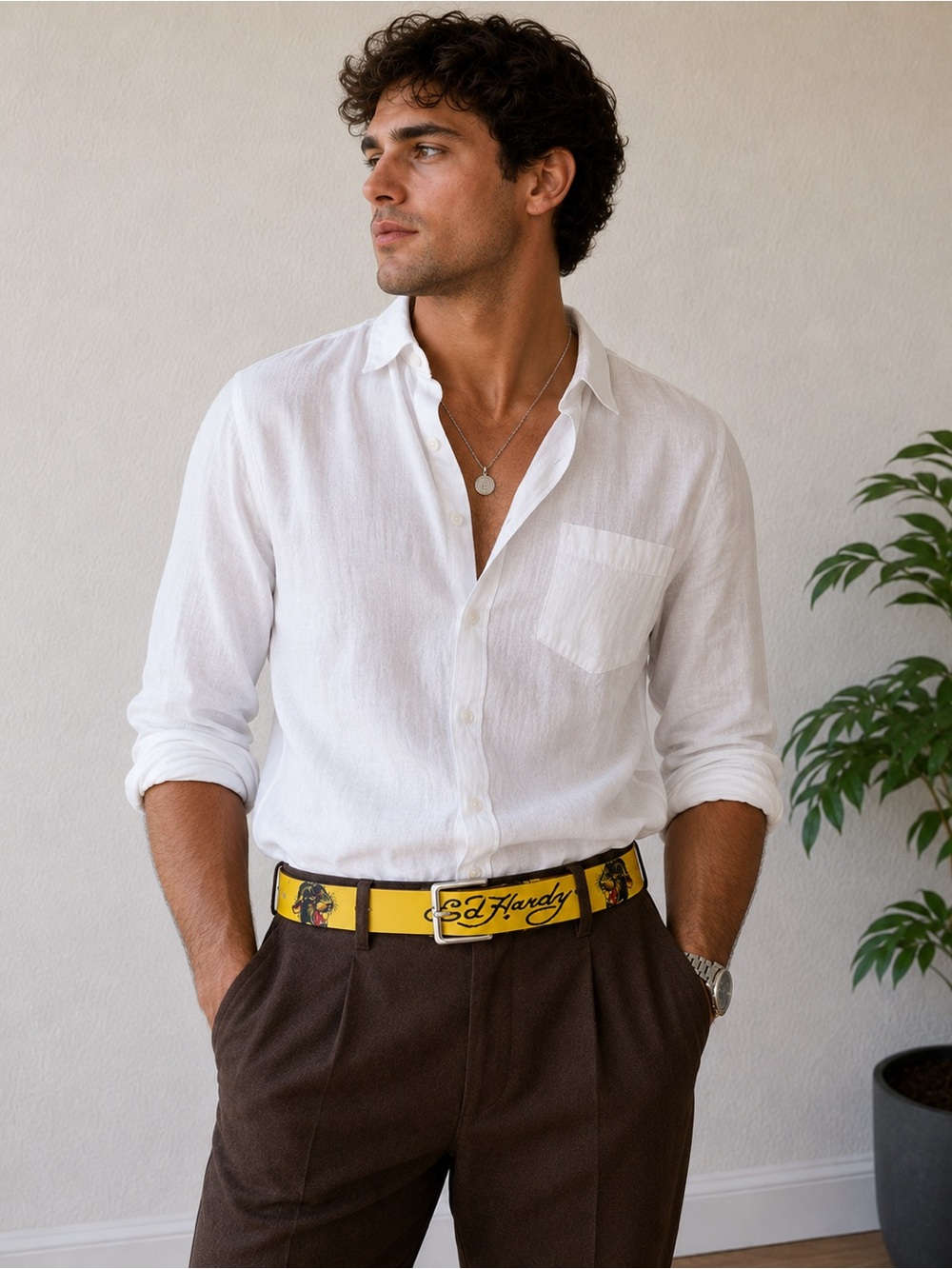 Ed Hardy Yellow Graphic Faux Leather Logo Belt